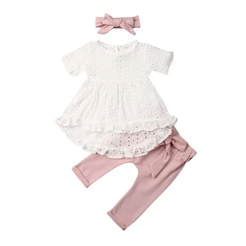 Boutique Meitene Drēbes 3Pcs Jaundzimušā bērna Baby Girl Apģērbu Top T-Krekls ar Mežģīņu Kleita Bowknote Bikses Apģērbs