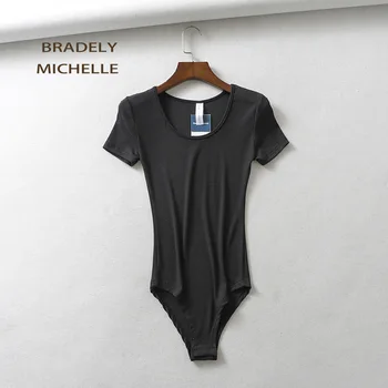 BRADELY MICHELLE 2019 Sexy Sievietes Slim Īstermiņa Piedurknēm Dziļi O-veida kakla Topi Bodysuits sieviešu kombinezonus streetwear Jumpsuits
