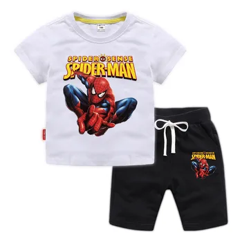 Brīnums vasaras spider-man bērnu apģērbu kokvilnas modes sporta bērnu īsām piedurknēm T-krekls + šorti divdaļīgs kostīms