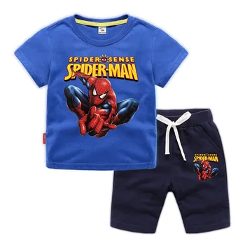 Brīnums vasaras spider-man bērnu apģērbu kokvilnas modes sporta bērnu īsām piedurknēm T-krekls + šorti divdaļīgs kostīms