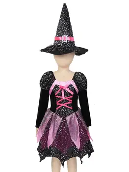 Bērni, Meitenes Ragana Karnevāls Cosplay Tērpu Halloween Apģērbs Mirdzoša Sudraba Zvaigzne Printed Kleita ar Smailu Cepuri Zizli Konfekšu Maisiņu Komplekts