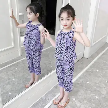 Bērni, Meitenes Vasaras Apģērbu Toddler Baby Girl Apģērbu Izslēgts Plecu Leopard Krekli +Bikses Pusaudžu Lielo Meiteņu Tērpiem 6 8 10 12