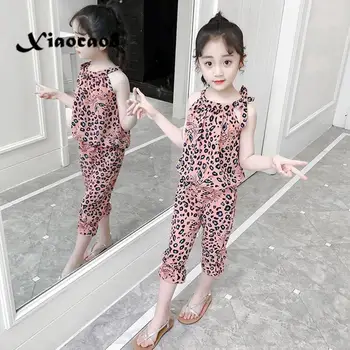 Bērni, Meitenes Vasaras Apģērbu Toddler Baby Girl Apģērbu Izslēgts Plecu Leopard Krekli +Bikses Pusaudžu Lielo Meiteņu Tērpiem 6 8 10 12