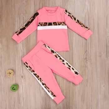 Bērniem Baby Girl Rudens Drēbes Leopard Svītras ar garām Piedurknēm T-Krekls + Bikses, Leoparda 2gab Tērpiem Komplekts
