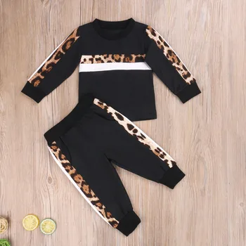 Bērniem Baby Girl Rudens Drēbes Leopard Svītras ar garām Piedurknēm T-Krekls + Bikses, Leoparda 2gab Tērpiem Komplekts