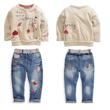 Bērniem, Baby Meitenes Apģērbu Karikatūra Džemperis ar garām Piedurknēm Topi, Džinsi, Džinsa Bikses, uzvalks Apģērbu Komplekts 2-7Y
