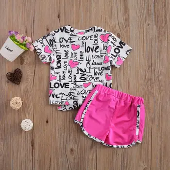 Bērniem, Baby Meitenes Vasaras Drēbes, Apģērbs Kopa ar Īsām Piedurknēm Sirds Burtu Druka t Kreklu TopsShorts Komplekts Bērniem Meiteņu Apģērbs