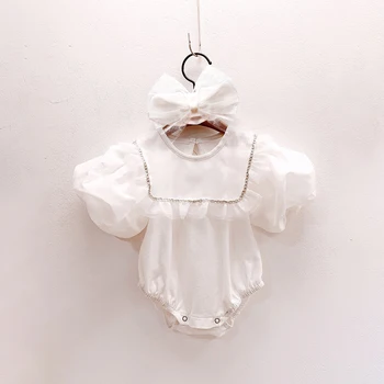 Bērniem Boutique Drēbes, Bērnu Baltu Kokvilnas Romper Savirmot Piedurknēm Meitenēm Princese Jumpsuit 1. 1 2 Gadu Dzimšanas dienas svinības Apģērbi