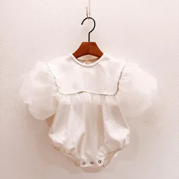 Bērniem Boutique Drēbes, Bērnu Baltu Kokvilnas Romper Savirmot Piedurknēm Meitenēm Princese Jumpsuit 1. 1 2 Gadu Dzimšanas dienas svinības Apģērbi