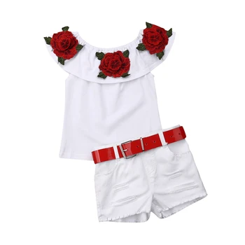 Bērniem Drēbes Meitenēm Rozes Ziedu Pie Pleca Tops+Džinsa Bikses Baby Girl Vasaras Apģērbs Toddler 2GAB Drēbes