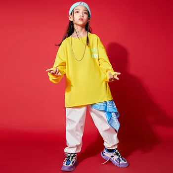 Bērniem Hip Hop Apģērbu Dzeltens Krekls Lielgabarīta T Krekls ar garām Piedurknēm Streetwear Bikses Zēniem, Meitenēm, Džeza Deju Tērpu Apģērbs