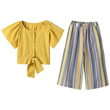 Bērniem Meiteņu Apģērba Komplekts 2020. Gada Vasaras Modes Bell Piedurknēm Top + Svītrainām Biksēm Gadījuma 2Pcs Set Boutique Tērpiem Liels Meiteņu Drēbes