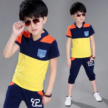 Bērnu apģērbi Jauno Vasaras Zēnu Uzvalku Cuhk Piecām Kokvilnas, ar Īsām Piedurknēm T Krekls +bikses Divas Apņemas 5-14 Vecumu