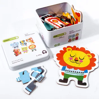 Bērnu Bērniem Izziņas Puzles, Rotaļlietas Toddler Dzelzs Kaste atbilstošo Spēli 3D Koka Jigsaw Puzzle Domino Žiroskopu Komplekti Bērniem Izziņas Dāvanu