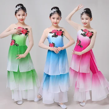 Bērnu klasisko deju, dejas drēbes meitenēm elegants šifons sniegumu deju tērpi tradicionālo ķīniešu deju kostīms
