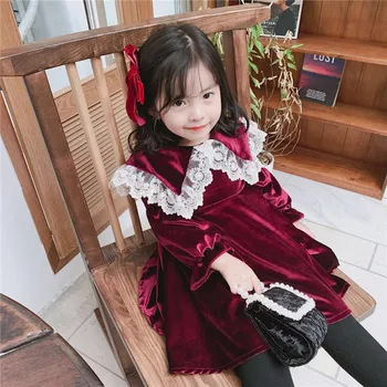 Bērnu Kleita Rudens 2020. Gadam Jauna Meitene, Bērnu Golden Samta Princese Kleita korejiešu Stilā, Baby Meitene Mežģīņu Apkakle Puse Kleitas 2-7Y