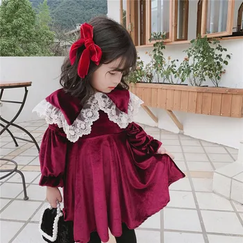 Bērnu Kleita Rudens 2020. Gadam Jauna Meitene, Bērnu Golden Samta Princese Kleita korejiešu Stilā, Baby Meitene Mežģīņu Apkakle Puse Kleitas 2-7Y