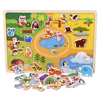 Bērnu Koka Ainas, Rotaļlietas, Magnētiskās Puzles, Rotaļlietas Bērniem, Montessori Izglītības Padome Komplekts 3d Satiksmes Dzīvnieku Auto Saimniecības Puzzle