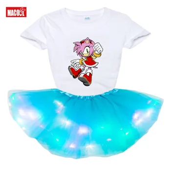 Bērnu Meiteņu Apģērbu Komplekti, 2gab Bērniem Sonic Ezis Amy T Krekls ar Īsām Piedurknēm Princese Gaismas LED Tutu Kleita+t Krekls Modes