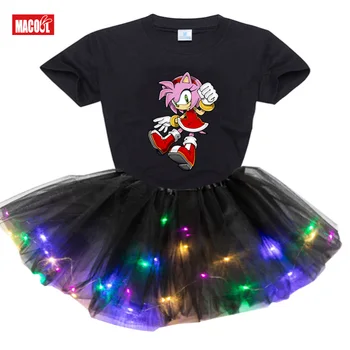 Bērnu Meiteņu Apģērbu Komplekti, 2gab Bērniem Sonic Ezis Amy T Krekls ar Īsām Piedurknēm Princese Gaismas LED Tutu Kleita+t Krekls Modes