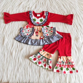 Bērnu Modes Ziemas garām piedurknēm Apģērbs Meitenēm Dot Un Gudrs Raksts, Izšūšanas Top Spēles Bell Bikses Toddler Ziemassvētku Tērpiem
