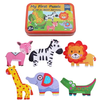 Bērnu rotaļlietas, 6 in 1 dzelzs kaste karikatūra dzīvniekiem, Koka puzles bērniem, Montessori sākumā izglītības rotaļlietas, dāvanas bērniem CX899067