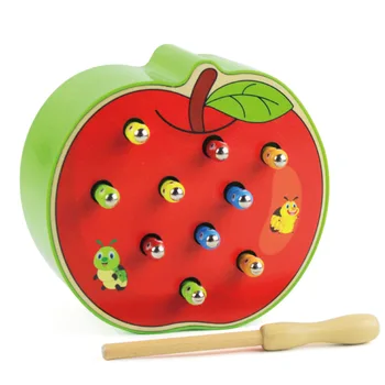 Bērnu Rotaļlietas, Koka 3D Puzzle Pirmsskolas Izglītības Rotaļlietas, Montessori Magnētisko Zemeņu Apple Nozvejas Worm Spēle Krāsu Izziņas