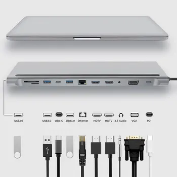 C tipa centrs Dual 4k HDMI-saderīgam USB3.0 USB2.0 Pd Uzlādes VGA Audio Ligzda RJ45 3.5 mm Ar Adapteri