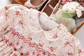 C071683 rudens infant baby meitenes smocked kleitas ziedu smocked ir roku darbs, kokvilnas garām piedurknēm kokvilnas bērniem kleitu bērnu apģērbs
