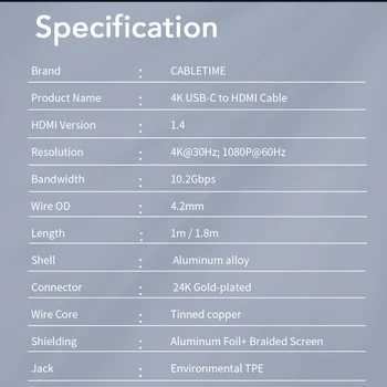 CABLETIME USB C HDMI Kabeli 4K 30Hz Thunderbolt 3 C Tipa Adapteris Oneplus 7T Huawei Mate Xiaomi HDMI Adapteris C375