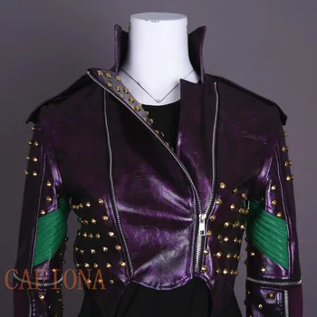 Cafiona Pēcteči 2 cosplay Mal Cosplay kostīms, violets Ādas mētelis punk stila kniežu jaka Pasūtījuma lieluma puse augšu