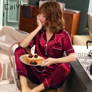CAIYIER Vasaras 2Pieces Sieviešu Sleepwear Zīda Satīna Pidžamas ar Īsām Piedurknēm Uzstādīt Savukārt Apkakle Seksīgas Mājas Drēbes Plus Izmērs M-5XL