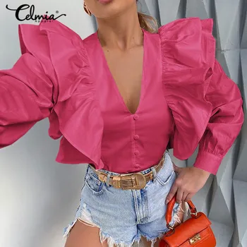 Celmia Elegants OLA Ruffles Sieviešu Krekls ar garām Piedurknēm V-veida Kakla Sexy Puse Topi Ir 2021. Rudens Gadījuma Cietā Blūze Sieviešu Blusas Plus Lieluma