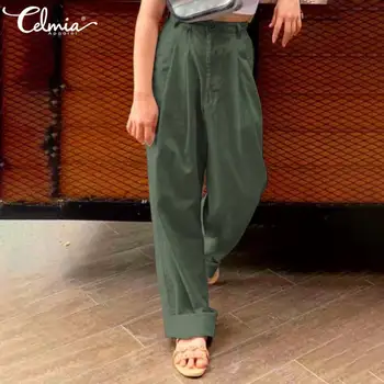 Celmia Elsas Dāmas Biroja Ikdienas Bikses Modes Cietā Kokvilnas Bikses Pogas Augsta Vidukļa Kroku Ilgi Pantalon Femme Plus Size 7