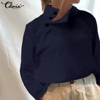 Celmia Sieviešu 2021. Gada Pavasarī Topi un Blūzes Vintage Pogas Krekls ar garām Piedurknēm Gadījuma Zaudēt vienkrāsainu Kokvilnas Blusas Femininas 5XL