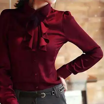 Celmia Sieviešu Elegants Krekls 5XL ir 2021. Rudens Modes garām Piedurknēm Biroja Ruffles Blūzes Atloks Slik Satīna Tops Gadījuma Darbu Blusas