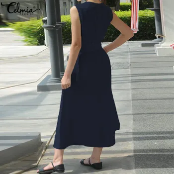 Celmia Sieviešu Vintage Maxi Kleita Ir 2021. Vasaras Sexy V Kakla bez Piedurknēm, Garās Kleitas Ikdienas Siksnas Zaudēt Puse Vestidos Plus Izmēra 5XL