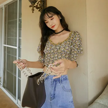CHEERART Puff Piedurknēm Kultūraugu Top Vintage Savirmot Īsām Piedurknēm Ziedu Top V Kakla Vasaras Blūze Sievietēm korejas Modes Apģērbi
