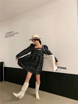 CHEERART Tiesa Izkalt Puff Sleeve Mini Kleita Sievietēm Laukumā Apkakli, garām Piedurknēm Ziedu Vintage Black Dāmas Rudens Kleita Apģērbs