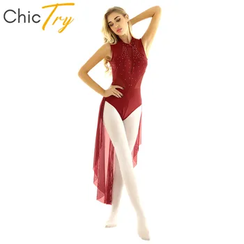 ChicTry Sieviešu Dancewear Mirdzošiem Rhinestones Bez Piedurknēm Vingrošana Leotard Bodysuit Baleta Kleitu Skatuves Sniegumu Deju Kostīms