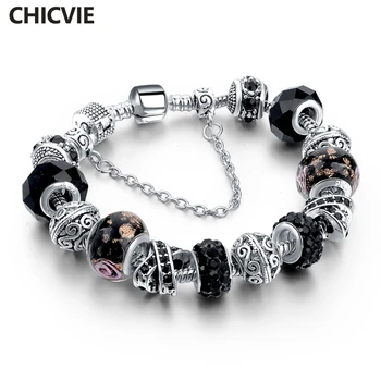 CHICVIE Black Crystal Ķēdes Saite Rokassprādzes Sievietēm, Sievišķo Šarmu Custom Aproces & Aproces DIY Sudraba Krāsu Rotaslietas SBR160014