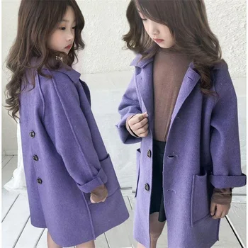 Children 's Apģērbu Veikals Jaka Meitenēm Jaunu Bieza Vilnas garām Piedurknēm korejiešu Stilā vienkrāsainu Pogu 6~10 Gadus Vecs Mētelis
