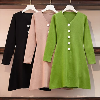 Cietā Krāsu, Zaļš, Rozā, Melns Trikotāžas Džemperis korejiešu Stilā, Lielgabarīta Puse Vintage Sieviešu Ziemas Kleita Sievietēm 2020. Gadam F1359