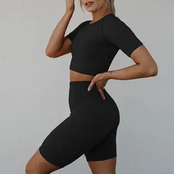 Cietā melnā Jogas sporta tērps Saspringts Jogas komplekts Sporta sievietēm 2020. gadam Īss sports top un legingiem uzvalks Salātu treniņu apģērbi