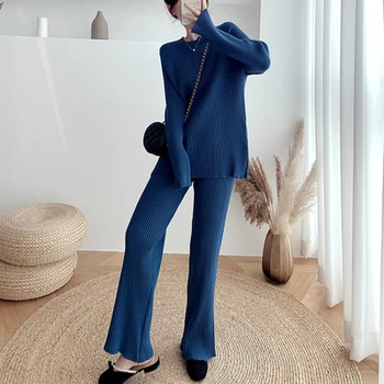 Cietā Sieviešu Uzvalks Divas Gabals, Puloveri, Džemperi, Topi un Adītas Garās bikses 2020. gadam Dāmas Eleganta Slim O-veida kakla Adīšanas Uzvalks Mājas Komplekti