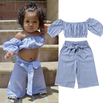 Citgeett Baby Kid Meitene Pie pleca Topi Zils Svītrains T-krekls Gadījuma Svītru Bowknot Bikses Tērpiem Gudrs Komplekti