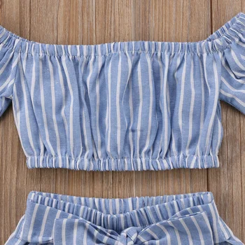 Citgeett Baby Kid Meitene Pie pleca Topi Zils Svītrains T-krekls Gadījuma Svītru Bowknot Bikses Tērpiem Gudrs Komplekti