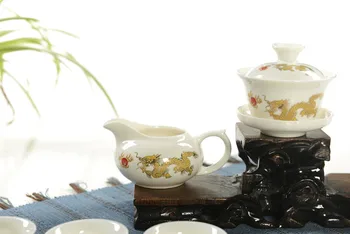 CJ242 Augstas kvalitātes Zelta Pūķis Piena Balta Nefrīta Porcelāna Keramikas Kung Fu Tējas Komplekts Kausa Kaulu Ķīna Drinkware Dāvanu Iepakojums
