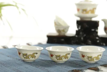 CJ242 Augstas kvalitātes Zelta Pūķis Piena Balta Nefrīta Porcelāna Keramikas Kung Fu Tējas Komplekts Kausa Kaulu Ķīna Drinkware Dāvanu Iepakojums