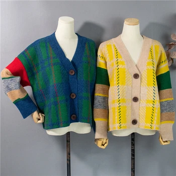 Colorfaith Jaunu 2020 Rudens Ziemas Sieviešu Džemperi Pleds Rūtainā Pogām, Jakas Modes korejas Dāmas Knitwears SWC8814
